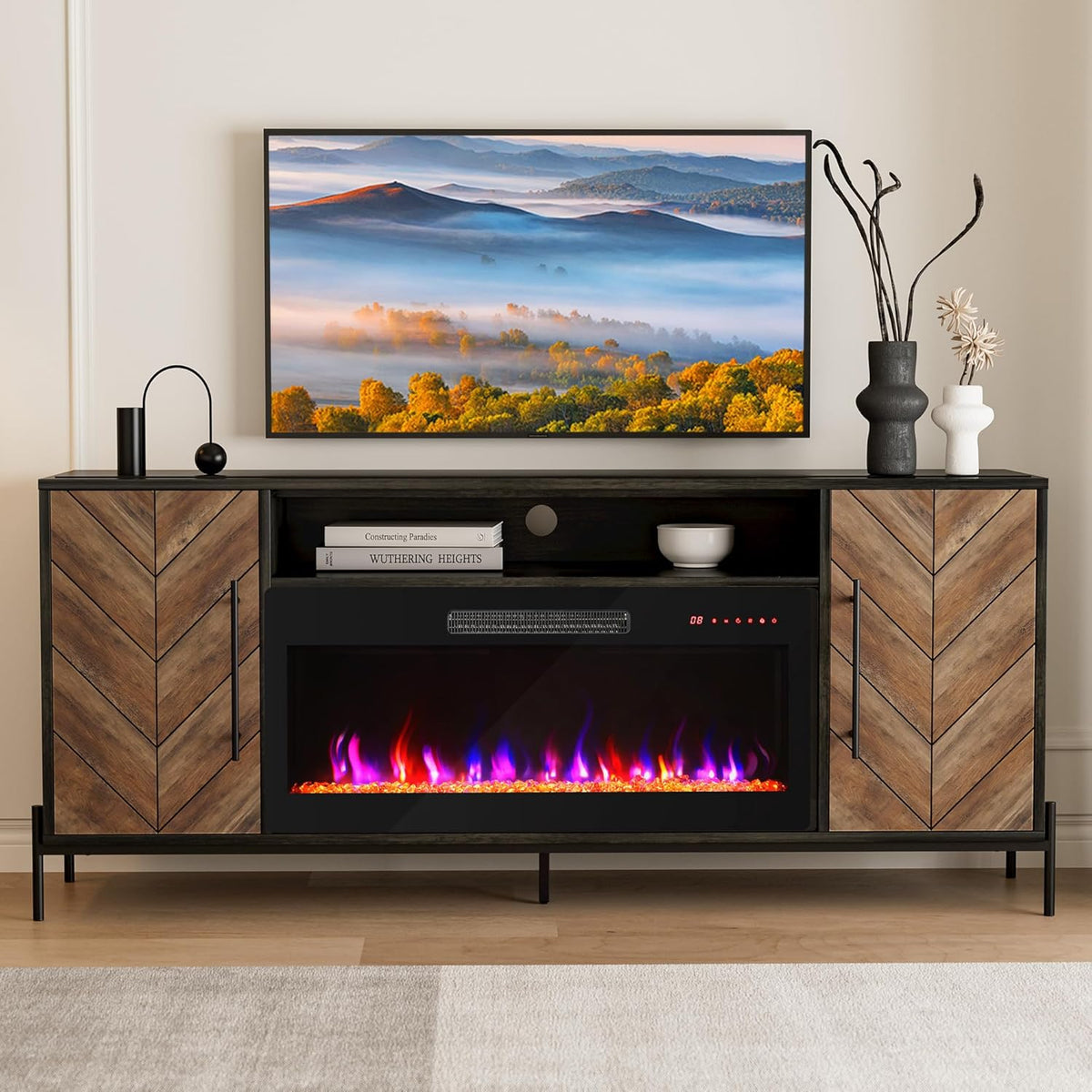 68 Inch Fireplace TV Stand for TVs up to 75 Inches, Entertainment Center with 36 Inch Electric Fireplace Heater and Storage Cabinets, Black Ebony