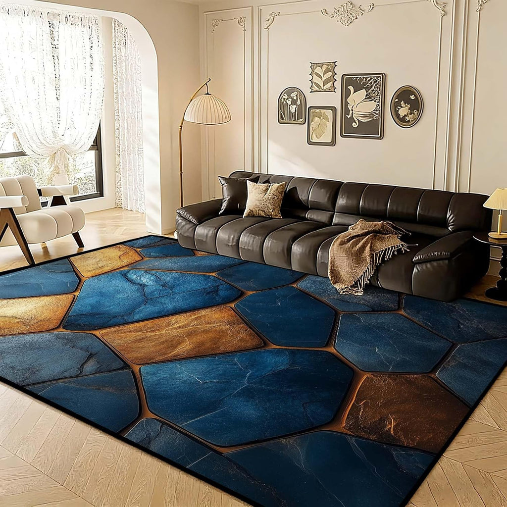 4x6 Marble Tiles Rug, Stone Tile Area Rug, Blue and Gold Geometry Marble Rugs, Washable Luxury Modern Contemporary Carpet