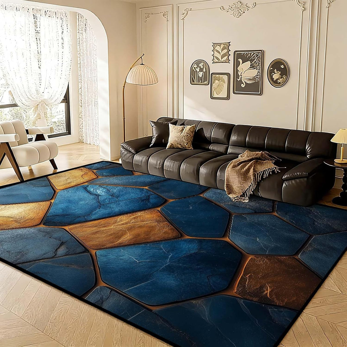 4x6 Marble Tiles Rug, Stone Tile Area Rug, Blue and Gold Geometry Marble Rugs, Washable Luxury Modern Contemporary Carpet