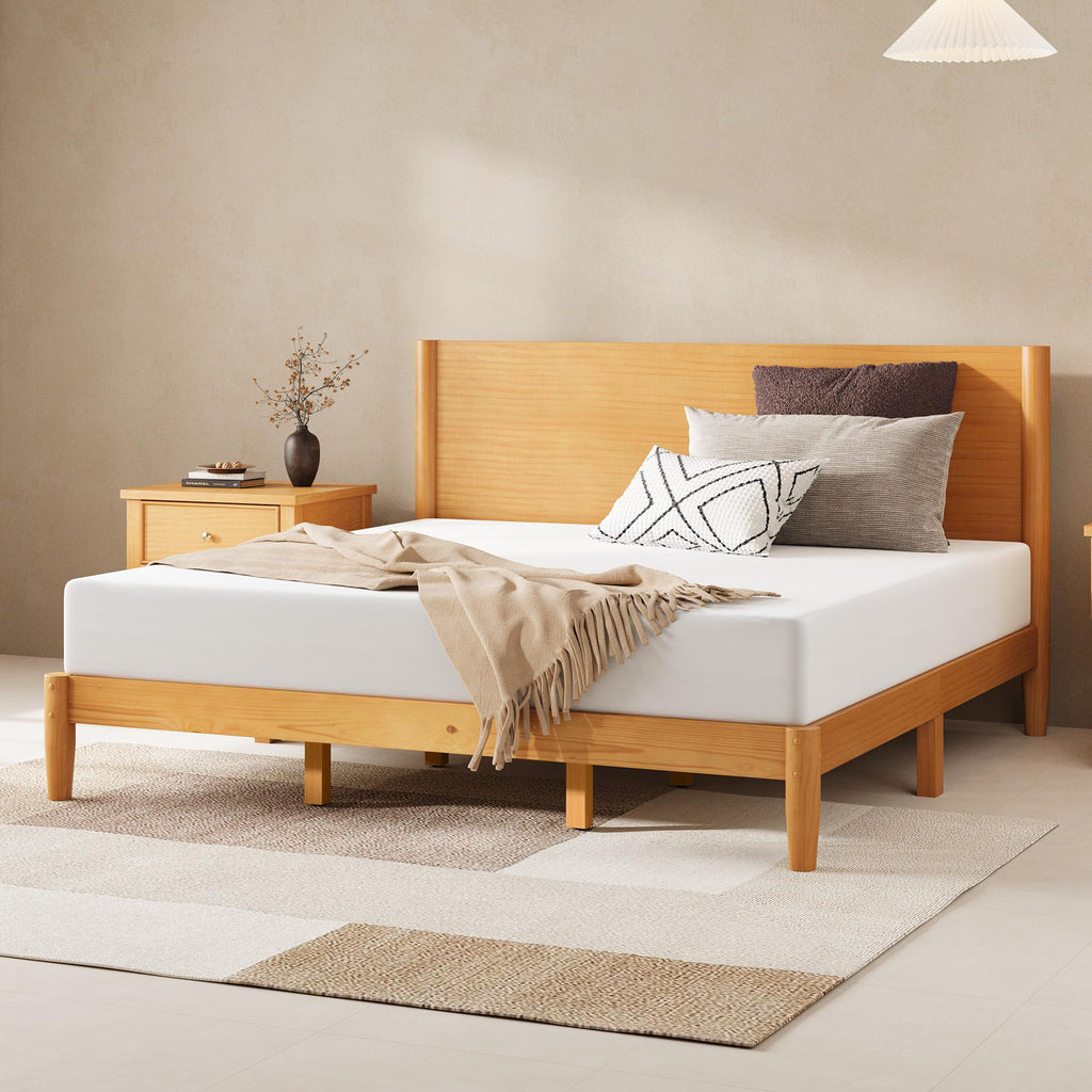 Solid Wood King Bed Frame, Mid Century Bed with Headboard, Natural