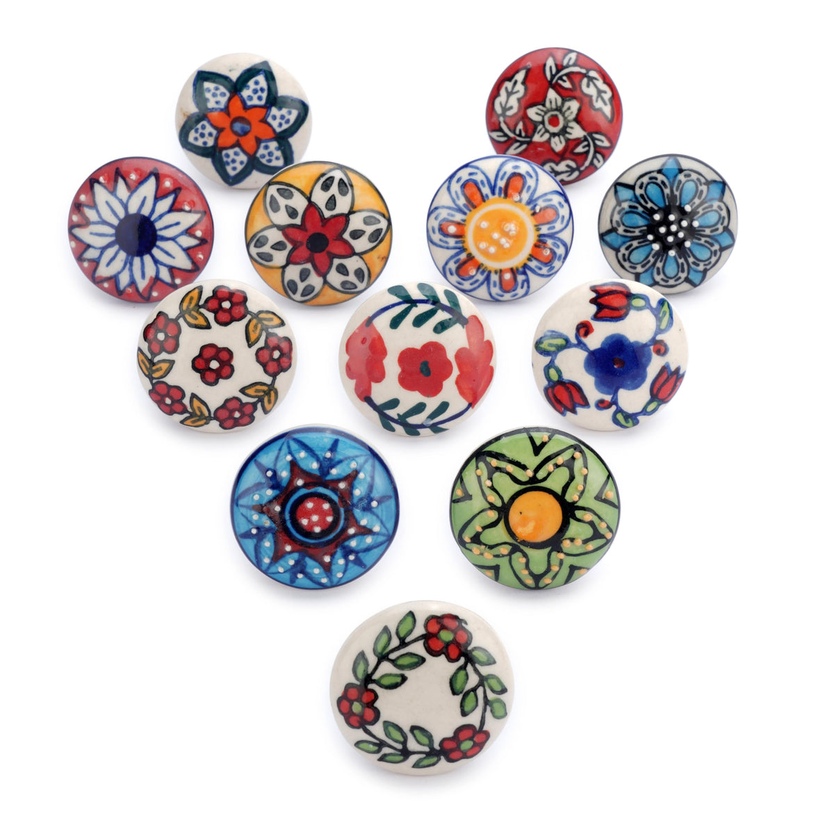 Set of 12 Hand Painted Multicolor Ceramic Knobs for Cabinets Doors