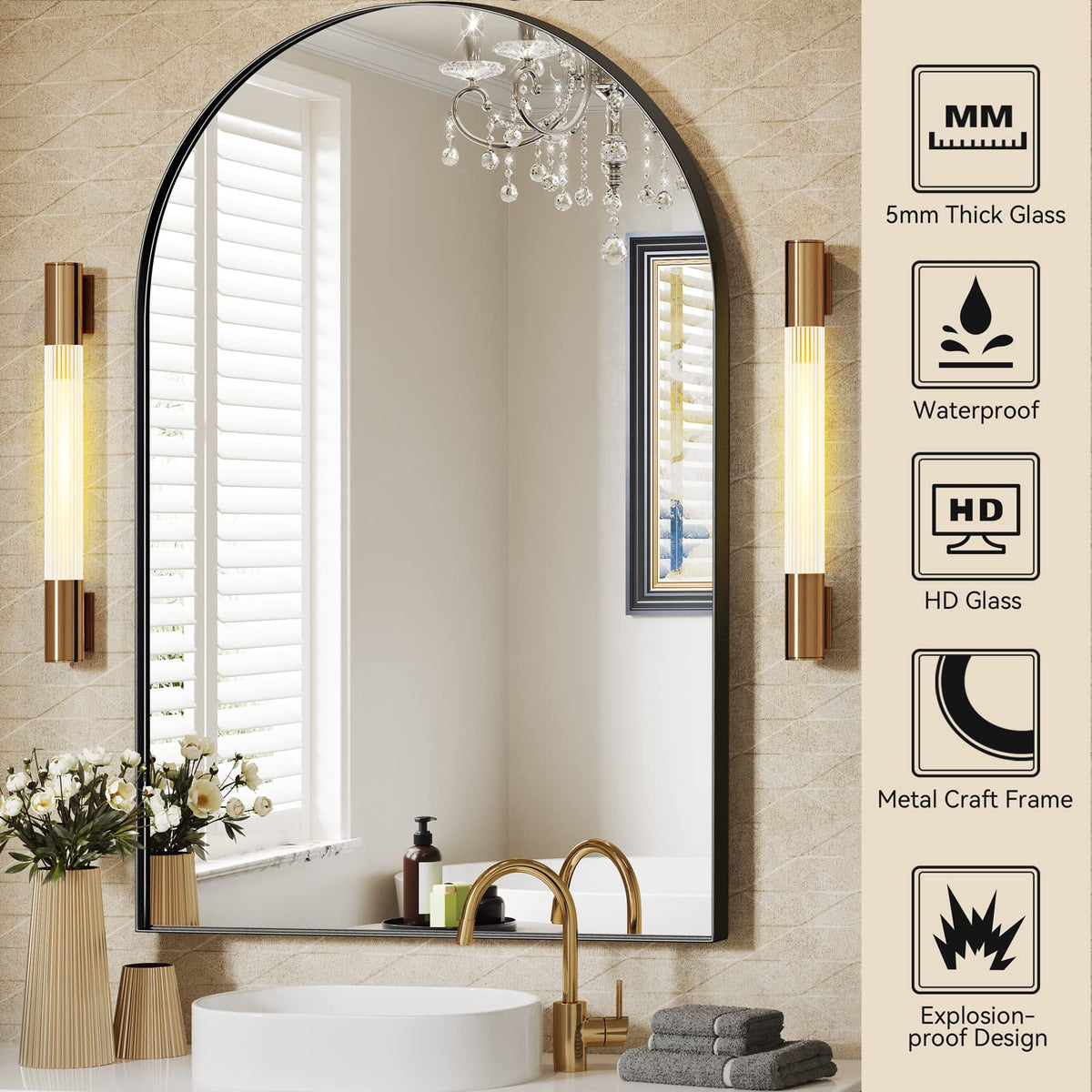 Black Arched Mirror, Arched Bathroom Mirror, 24 x 36 Inch Black Arch Mirror, Metal Frame Wall Mirror, Arched Top