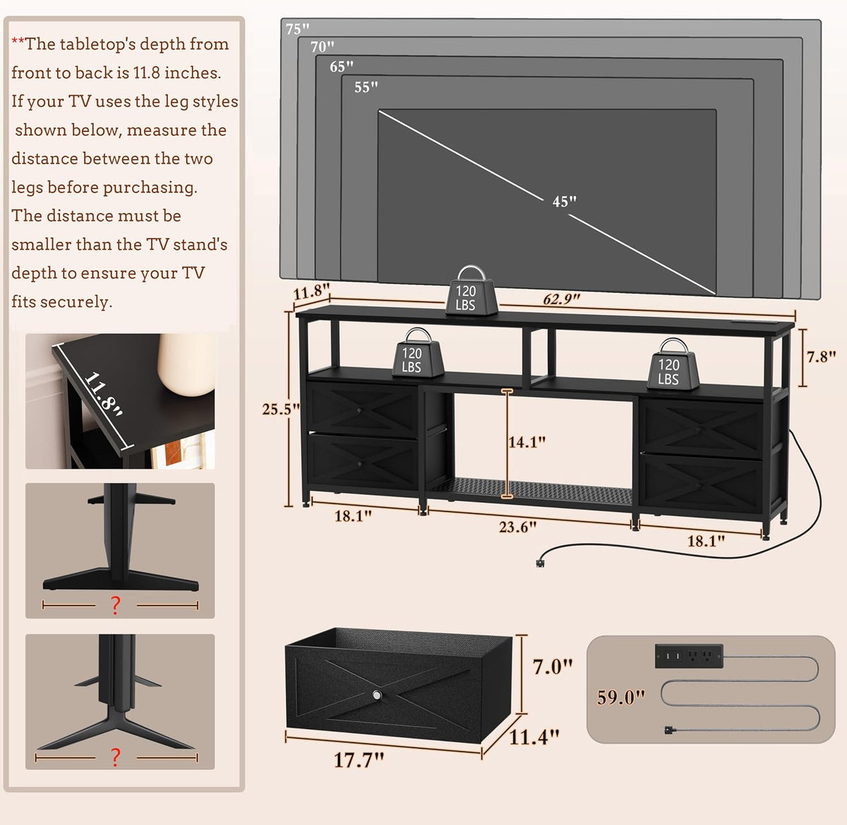 TV Stand with Fabric Drawers for 65 70 75 Inches TV - Entertainment Center with Open Storage Shelf, Power Outlets & LED Lights for Living Room, Bedroom, 63" TV Console Media Console, Black