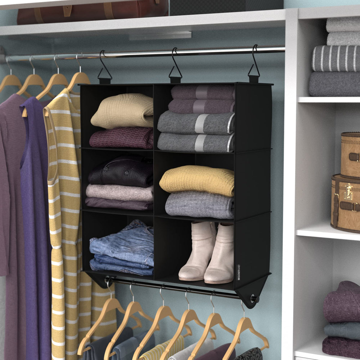6-Shelf Fabric Hanging Closet Organizer with Garment Rod for Shirts, Sweaters, Pants, Hats, Shoes, Purses with