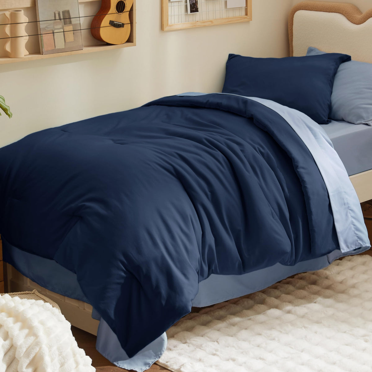 Bed Comforter Set - 5 Pieces Navy Blue Bedding Set 68"x88"