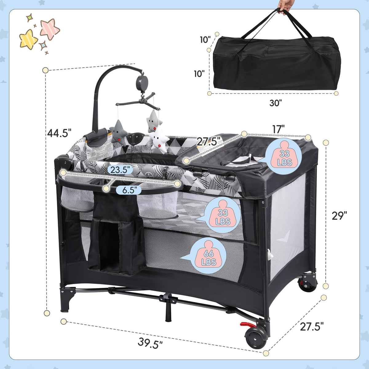 5-in-1 Pack and Play with Changing Table, Baby Bassinet Bedside Sleeper with Storage Bag & Music Box, Portable Baby