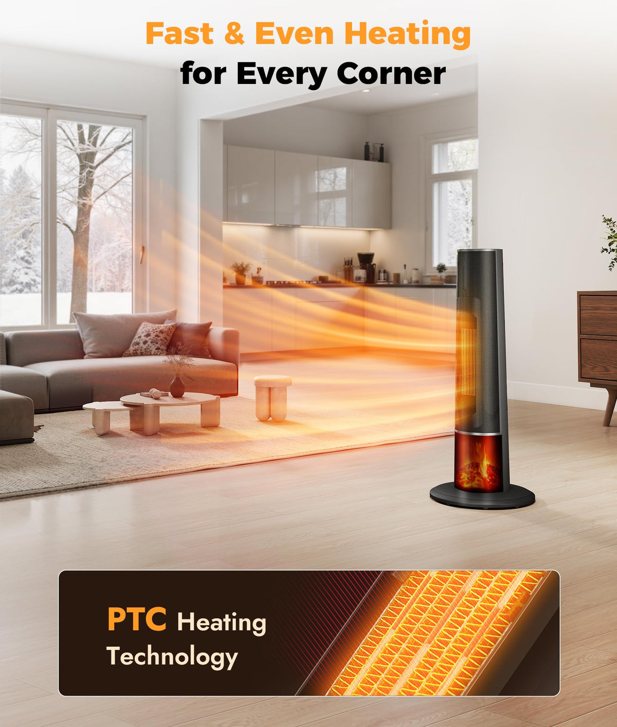 Tower Heater for Indoor Use - 25" Portable Space Heater with 3D Flame, Remote, Adjustable Thermostat, 2 Heat Modes