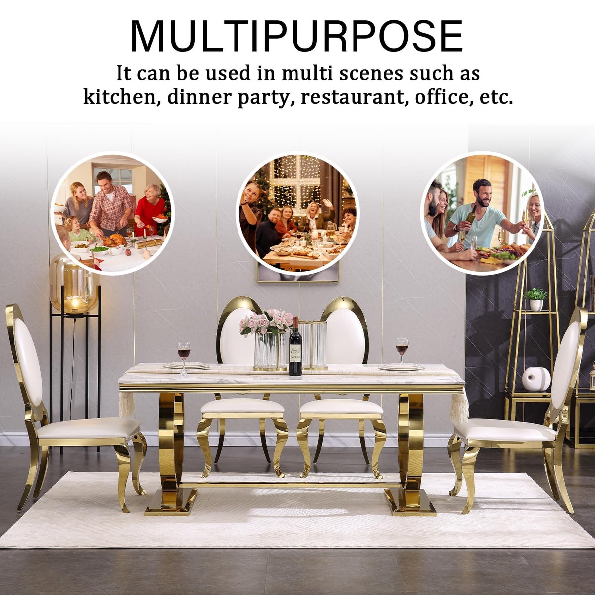 White and Gold Dining Table, Luxury 70" Faux Marble Dining Room Table with High Gloss White Top and Gold Metal U-Base