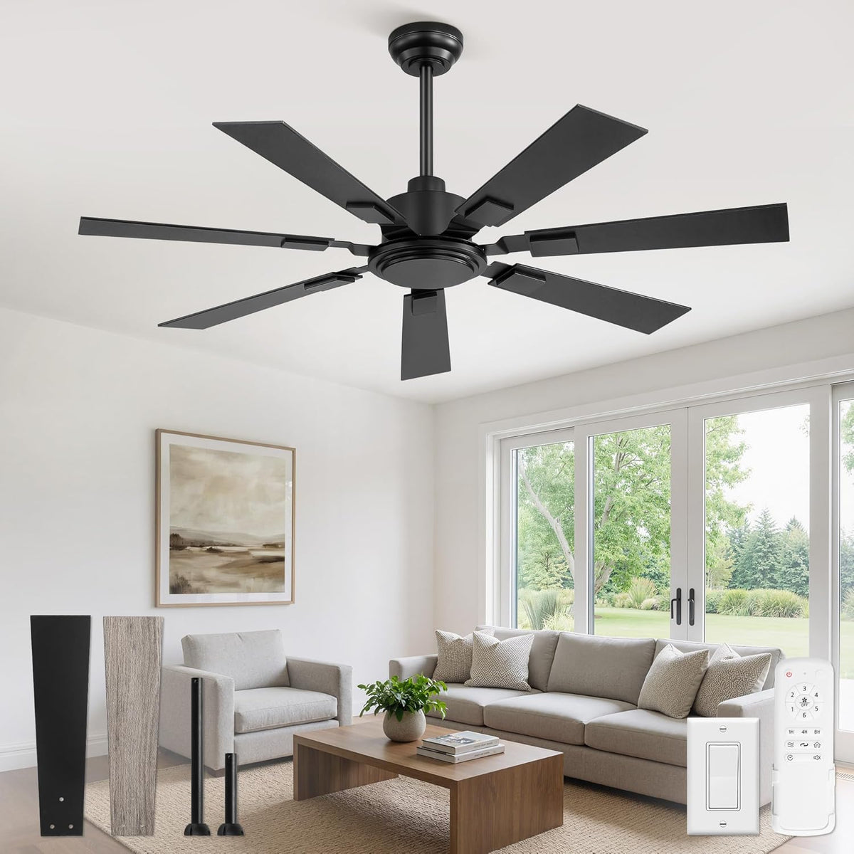 52" Black Ceiling Fan with Remote, No Light