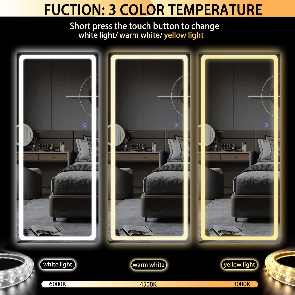 Full Length Mirror with Lights, 65" x 22" LED Floor, Full Body Dressing Standing, Hanging Mounted Mirror, Round White