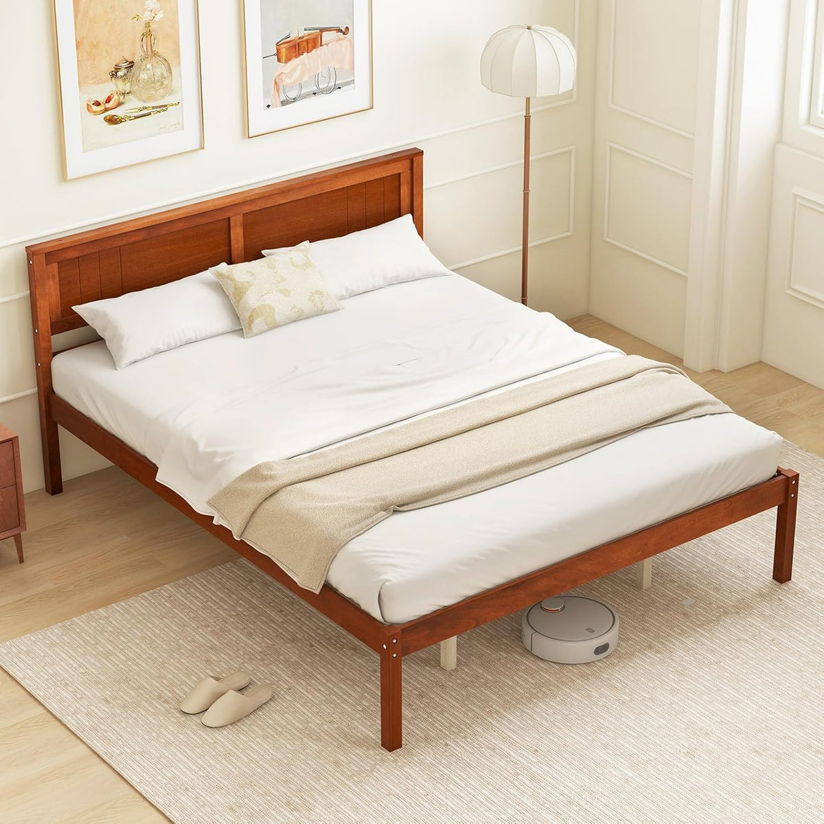 Queen Wood Platform Bed Frame with Headboard, Mid Century Queen Bed Frame with Wood Slat Support, Solid Wood
