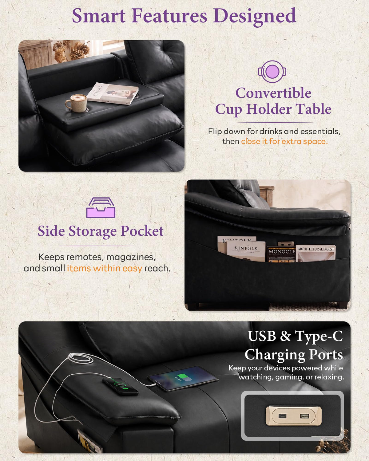 110'' Electric Leather Recliner Couch, Power Extendable Pull Out Sofa Bed