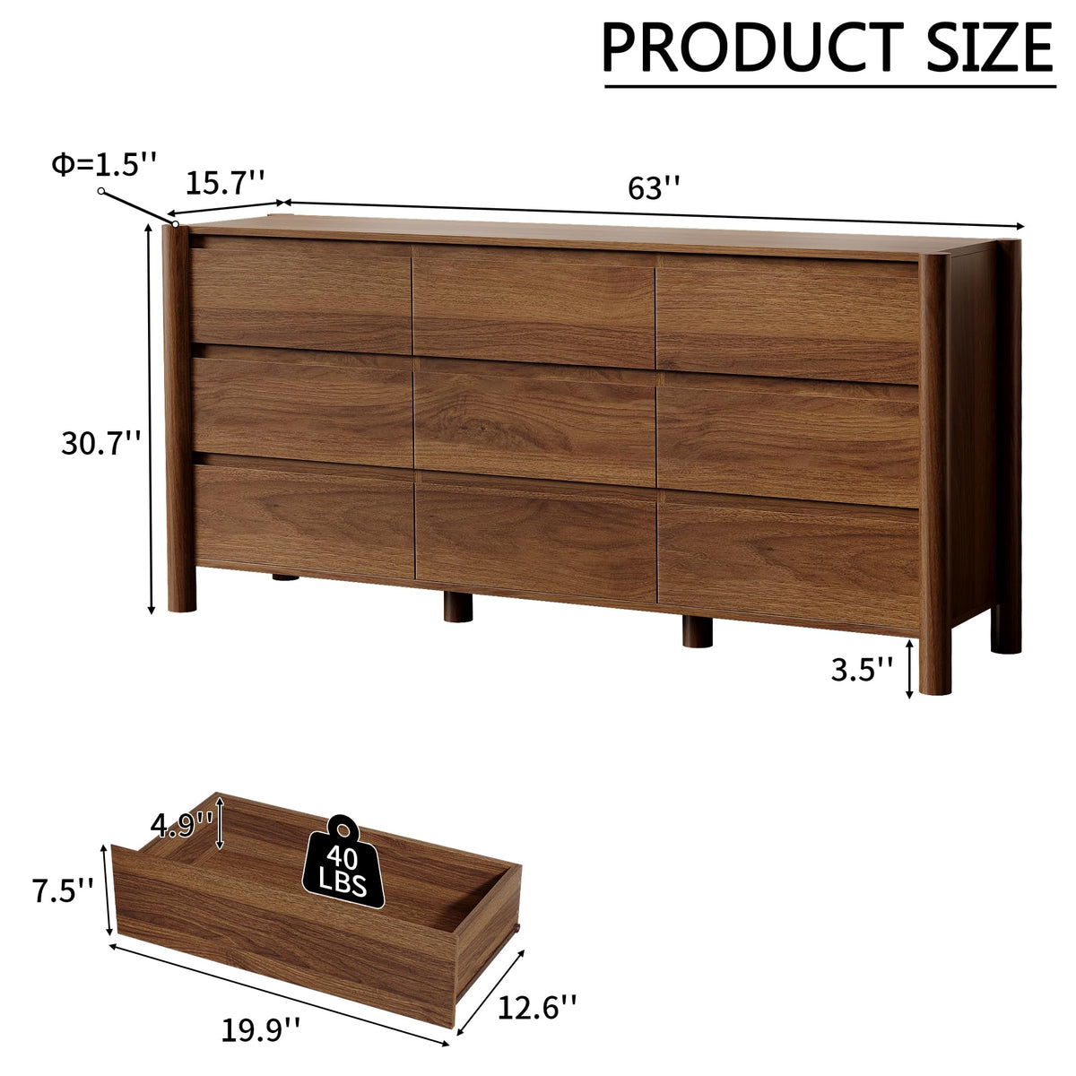 Walnut 9-Drawer Dresser, 63" Wide Mid-Century Modern Chest of Drawers