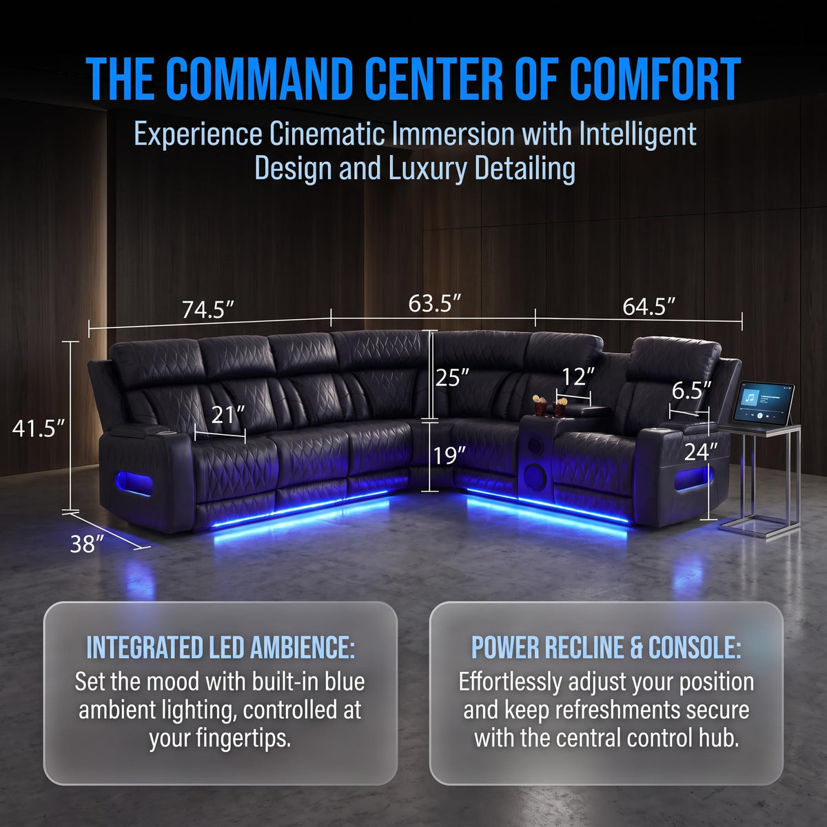 Breathable Leather Power Recliner Sectional Sofa, Bass Speakers, Cup Holder & Storage Console Home Theater