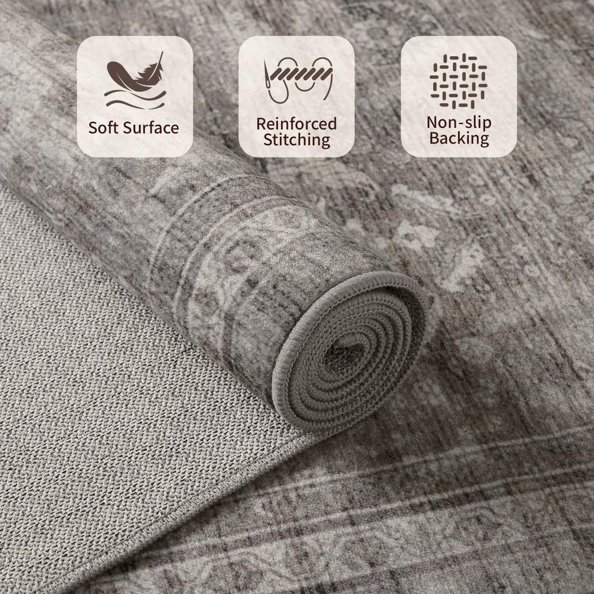 Area Rugs for Living Room Bedroom, Grey Washable Rug, Vintage Retro Boho Rug, Non Slip & Low Pile Faux Wool Thin