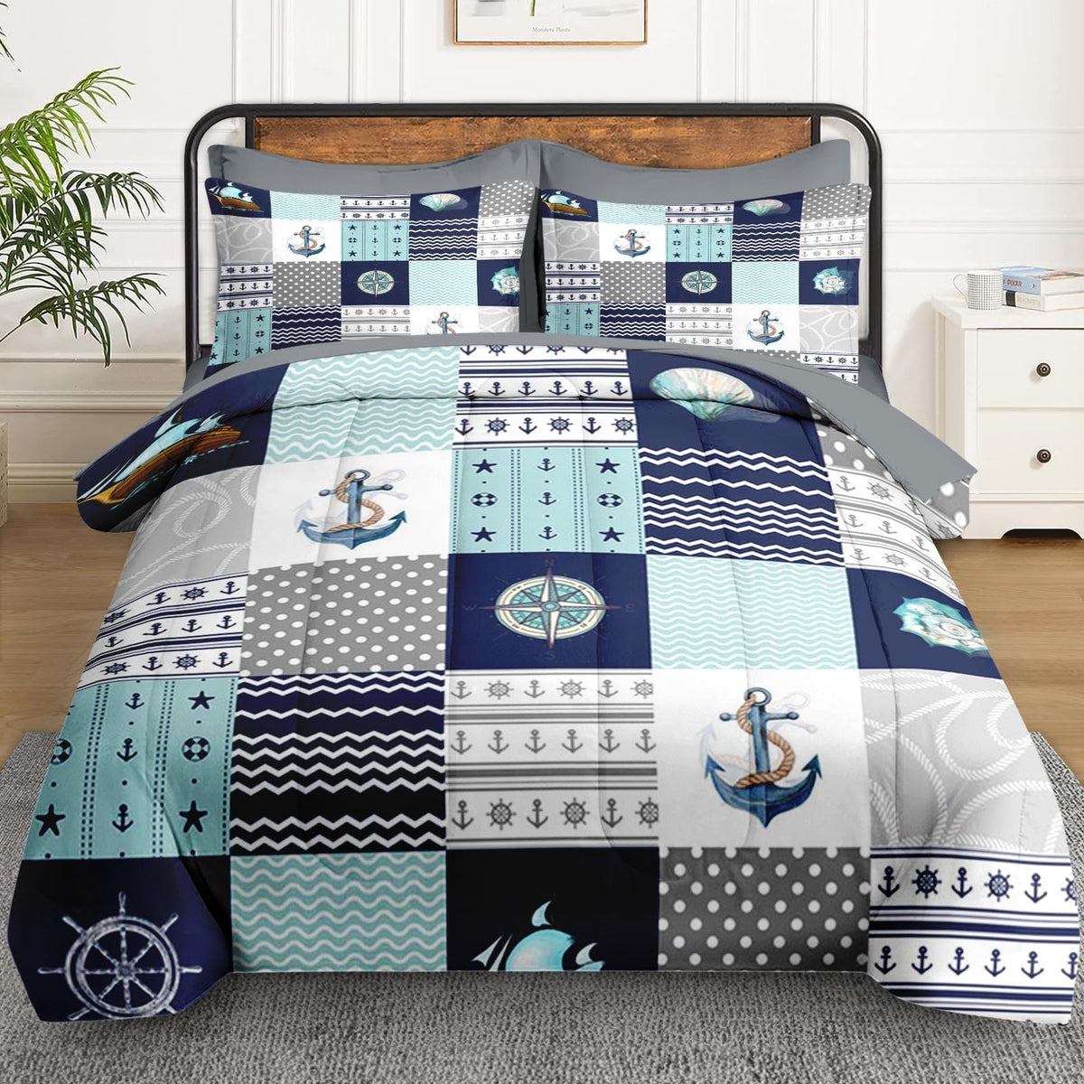 Queen Comforter Set with Sheets, 7 Pieces Nautical Blue Bedding