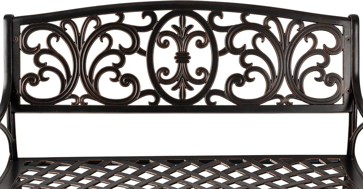 Cast Aluminum Patio Bench | Antique Bronze Finish | Heavy Duty Rust Free Metal Construction | Lightweight |