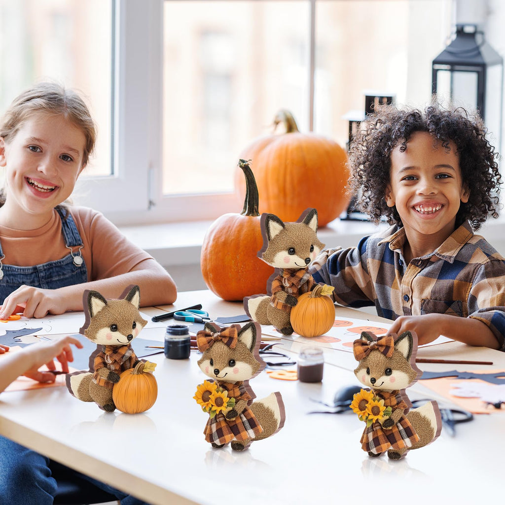 2 Pcs Fall Fox Figurines Wooden for Thanksgiving