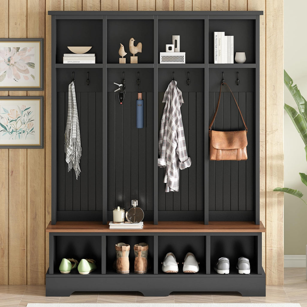 Farmhouse Hall Tree with Bench and Shoe Storage, 59" Entryway Bench with Coat Rack, 3-in-1 Hall Tree with Top