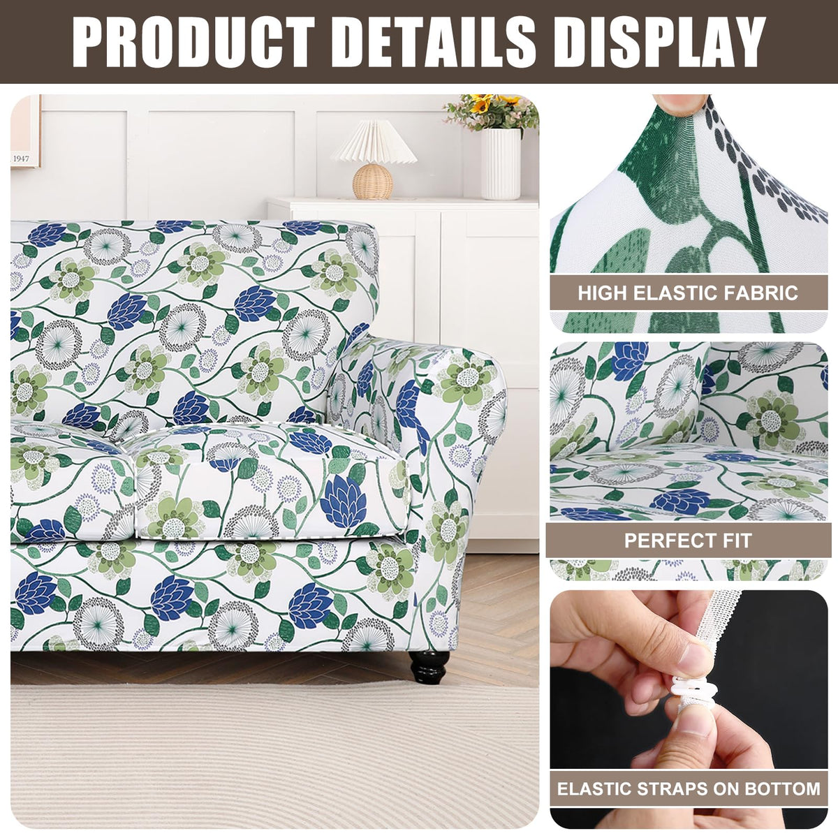 Stretch Sofa Cover Printed Couch Cover, Floral Pattern 4 Pieces Sofa Slipcover with 3 Separate Cushion Cover