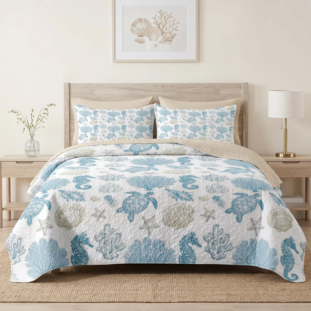 Quilt Set, 3 Pieces Sea Shell Coral Bedding, Bedspread