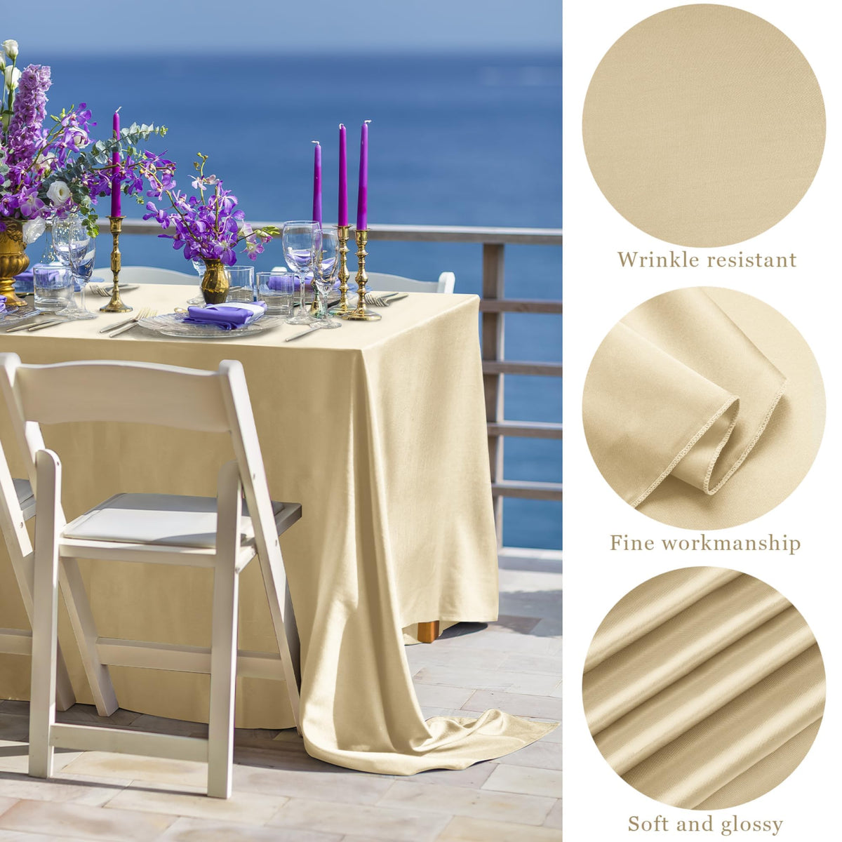 8 Pack Champagne Satin Tablecloth 102 x 58'' Overlay Table Cover