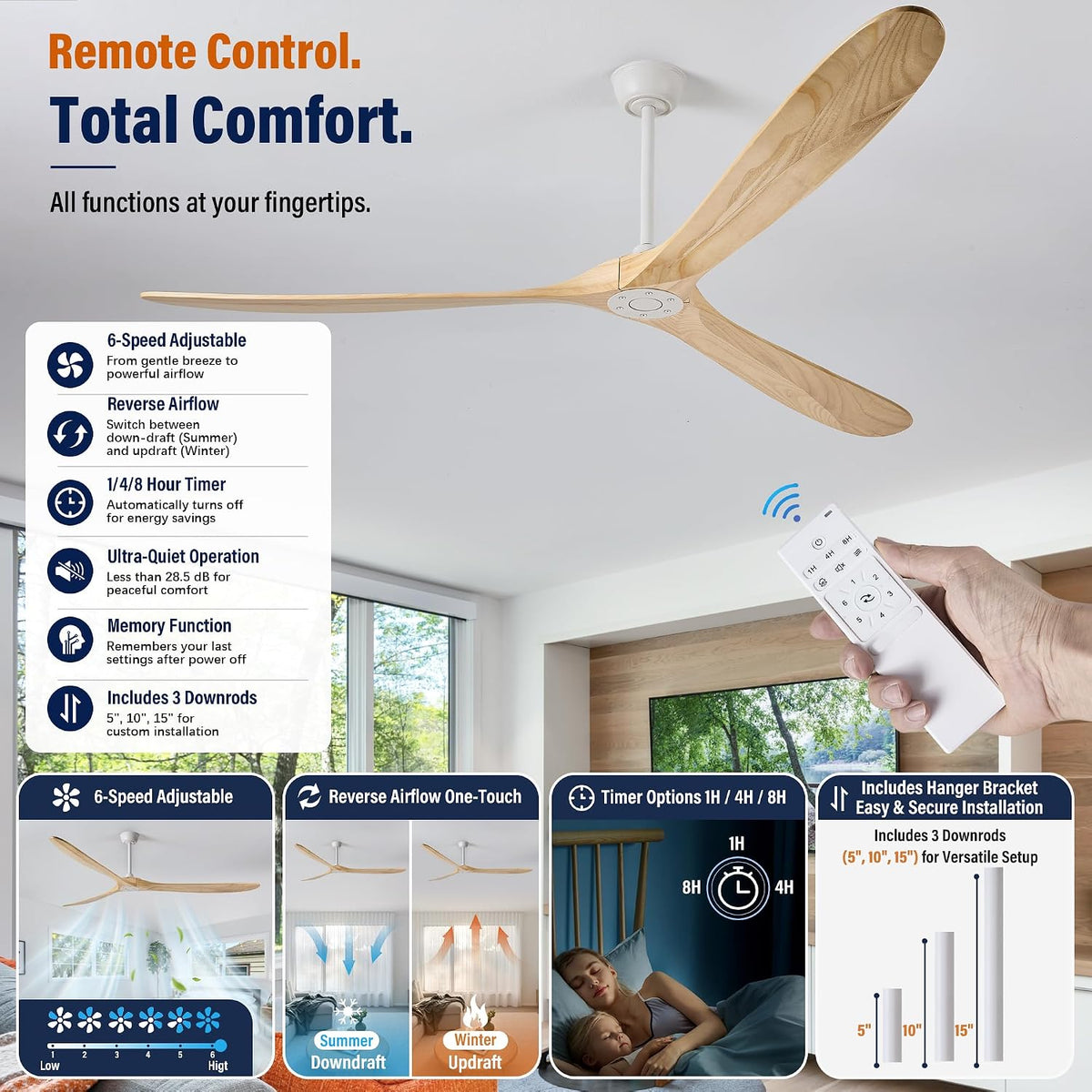 Inspired Maverick Style 84" Ceiling Fan No Light, 3 Solid Wood Blades, White Motor, Quiet Reversible DC Motor with Remote Control