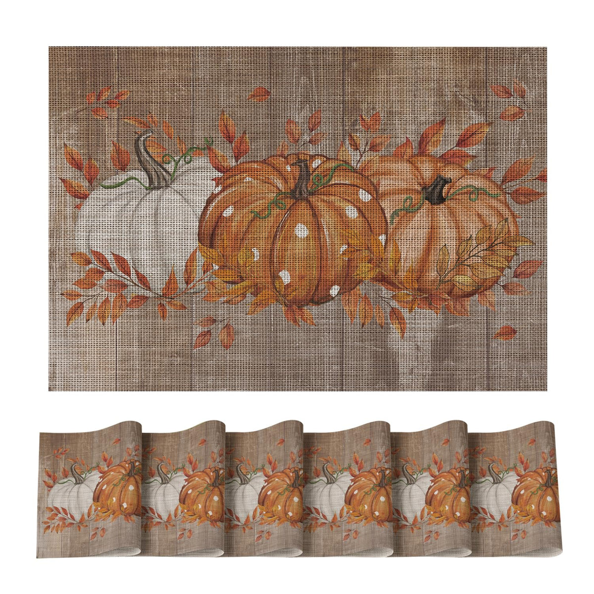 Wood Pumpkin Leaves Fall Vinyl Placemats Set of 6, Wipeable Woven PVC Table Mats for Thanksgiving Farmhouse Party