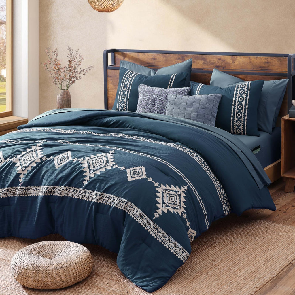 Embroidery Comforter Set 7 Pieces Navy Blue Bed in a Bag