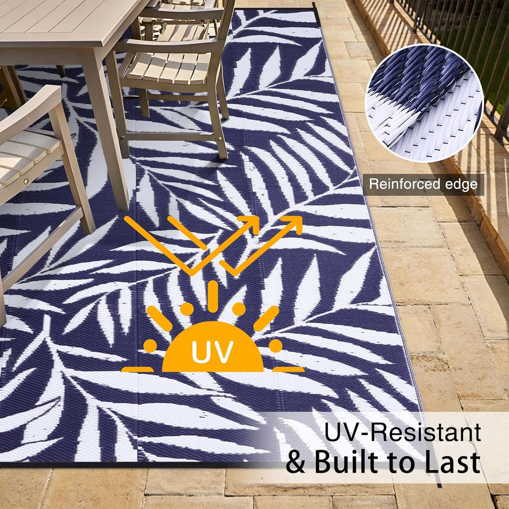 Outdoor Rug Waterproof Reversible Leaf Mat, Navy & White