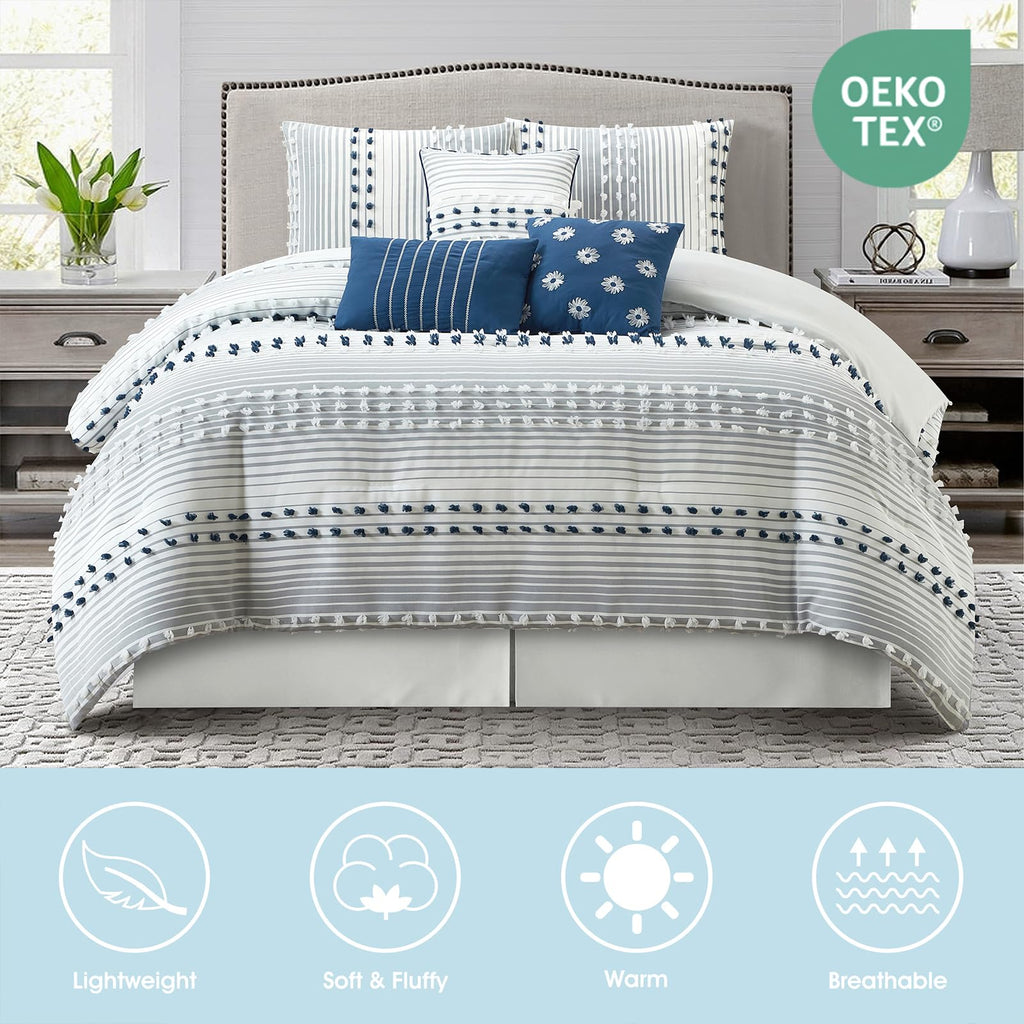 Comforter Set, Blue, Jacquard Clip Striped Design, Elegant Soft 7 Pieces Bedding Set for All Seasons, Matching