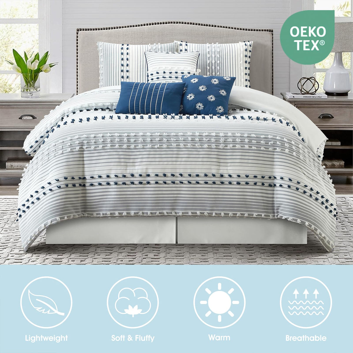 Comforter Set, Blue, Jacquard Clip Striped Design, Elegant Soft 7 Pieces Bedding Set for All Seasons, Matching