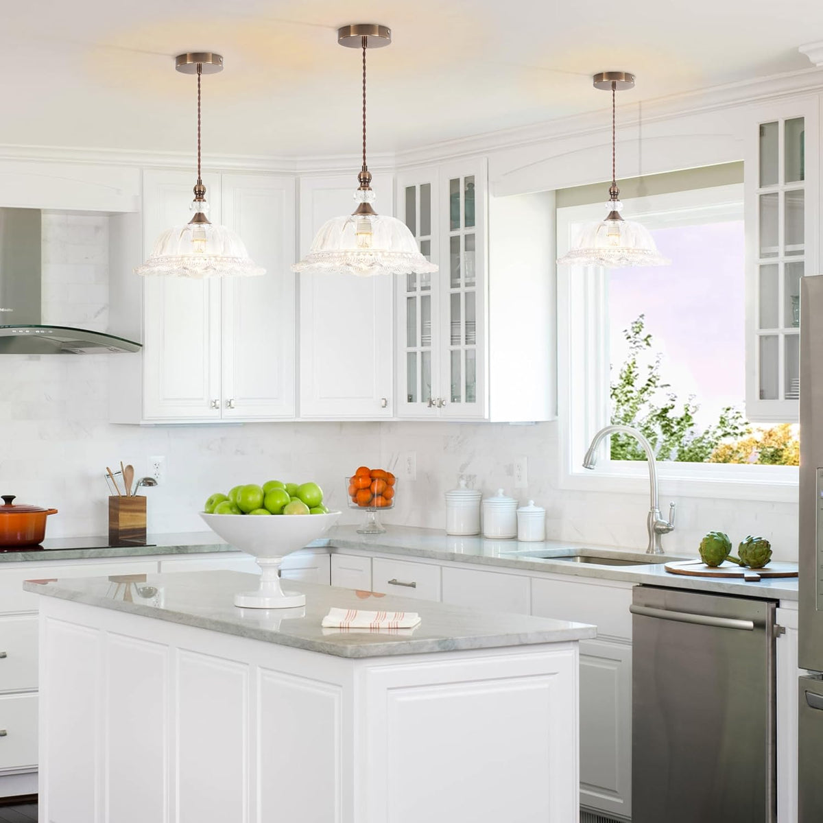 Vintage Pendant Light Fixtures for Kitchen Island Brass Gold 10.6" Glass Small Pendant Lights Adjustable Hanging