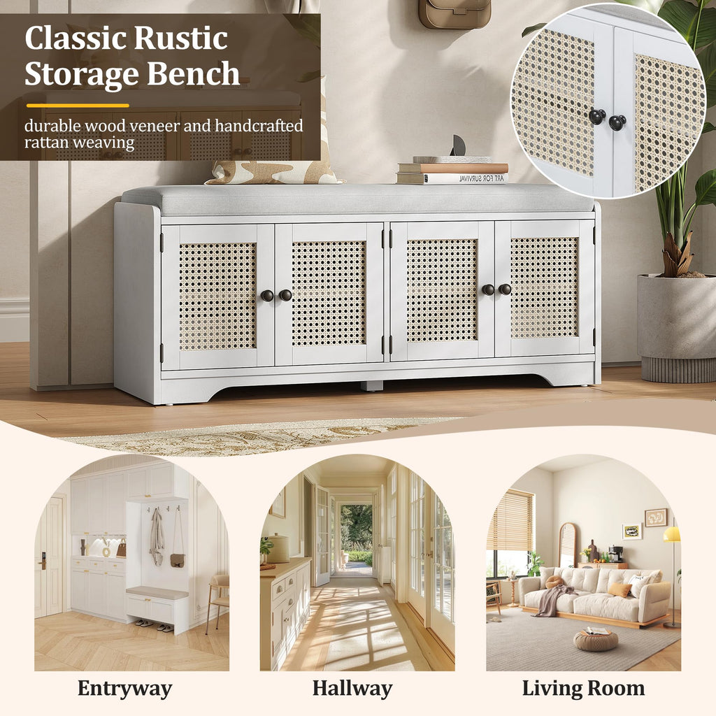 Rustic 47.4" Shoe Storage Bench with Removable Cushion, White