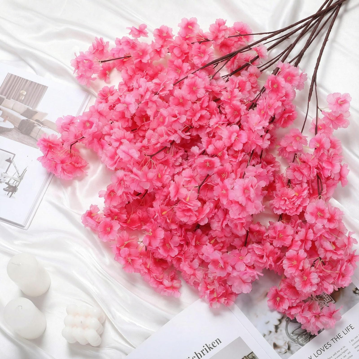 6 Pcs Artificial Cherry Blossom Branches Silk, Pink, Classic