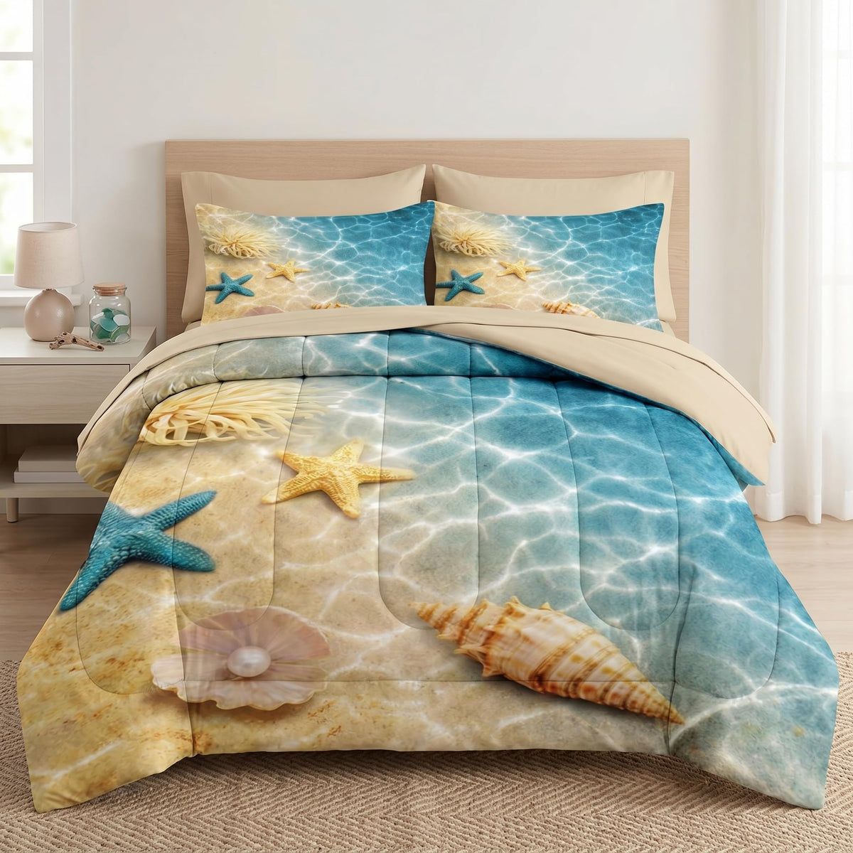 Comforter Set with Sheets, 7 Pieces Summer Beach Bedding