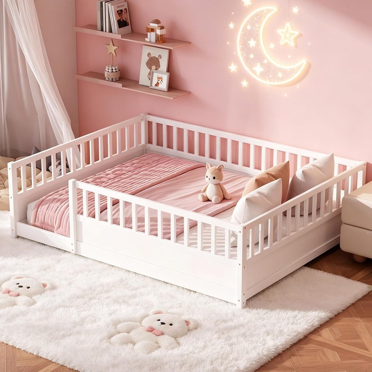 Kids Montessori Floor Bed Frame with High Fence, White