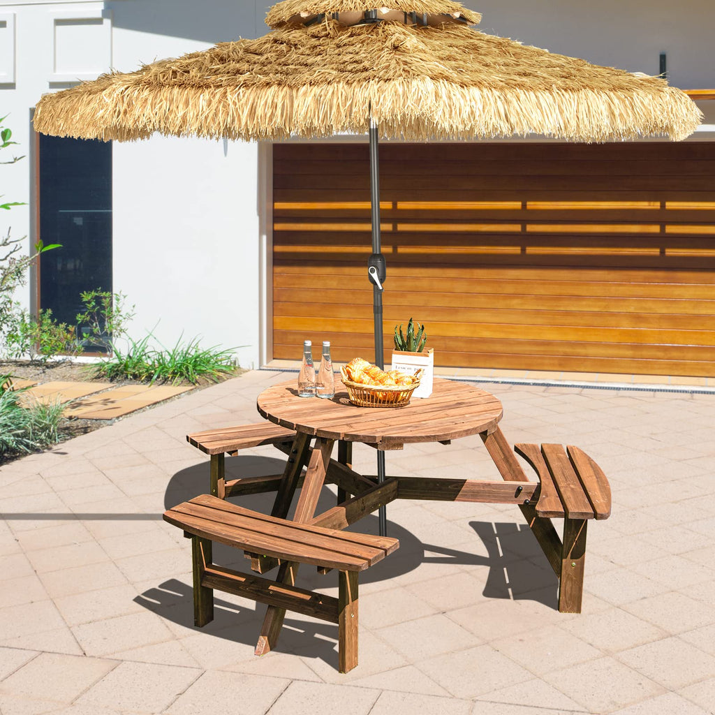 6 Person Wood Picnic Table, Outdoor Round Picnic Table with 3 Built-in Benches, Umbrella Hole, Outside Table and