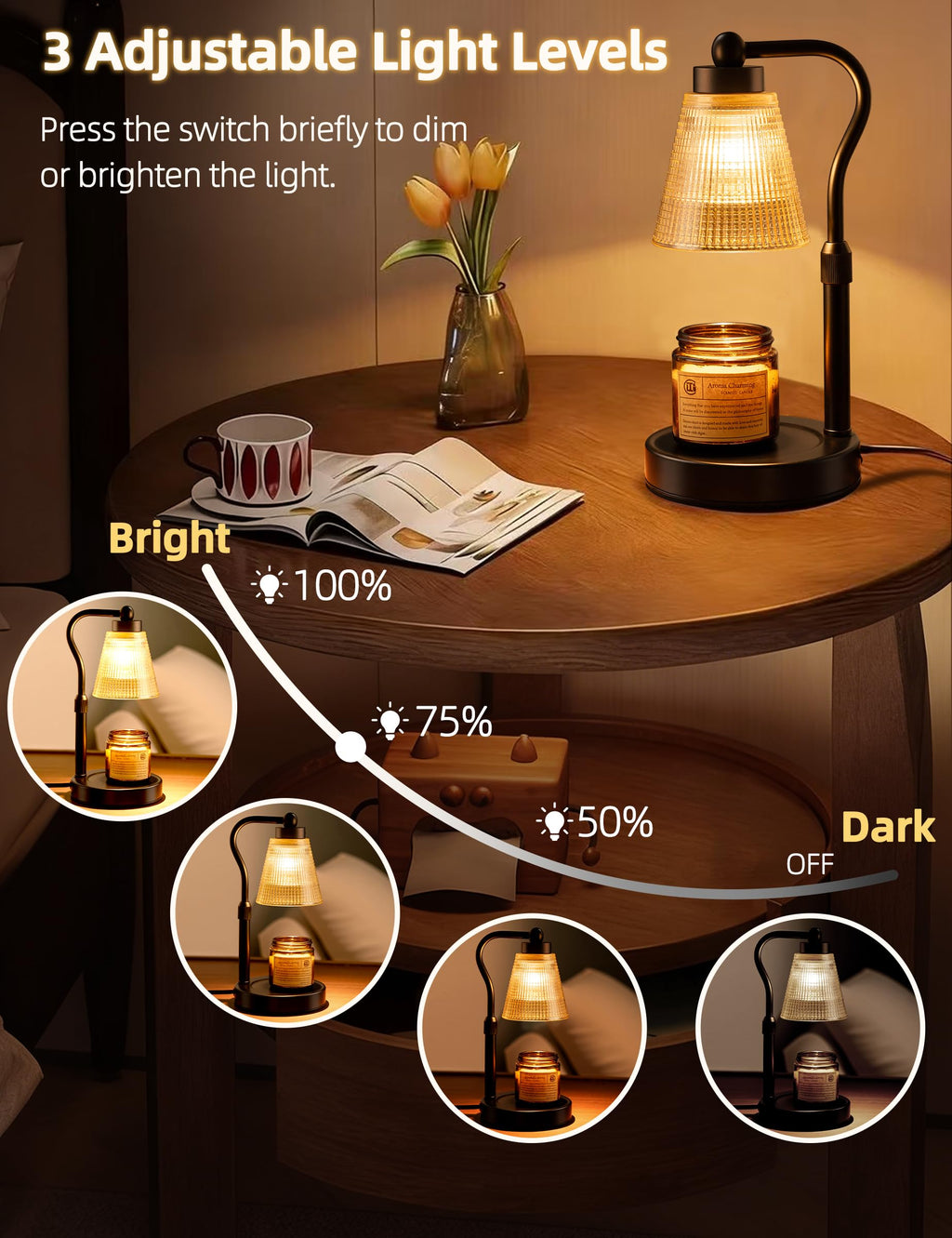 Candle Warmer Lamp for Jar Candles, Height Adjustable & Dimmable with 2/4/8H Timer, 2*50W Halogen Wax Melter Warmer