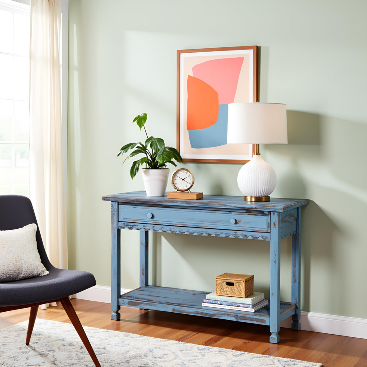 Country Cottage Console Table, Blue Antique, 42 Inch