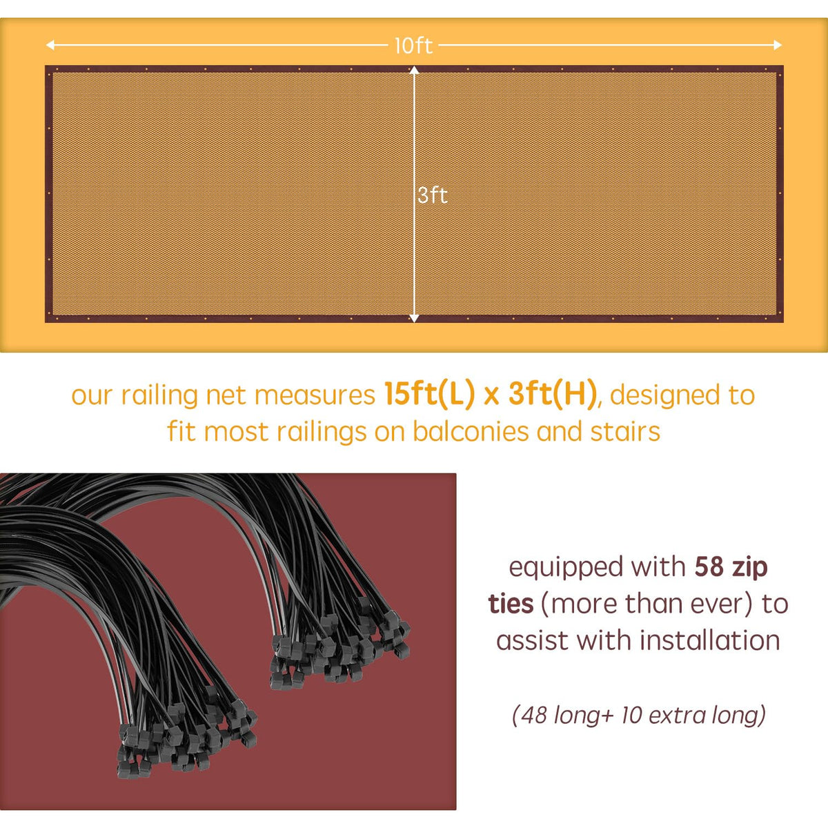 Gates for Stairs with Banister, Guard Safety Net for Baby, 15ft x 3ft Stair Railing Mesh Barrier for Kids, Cats