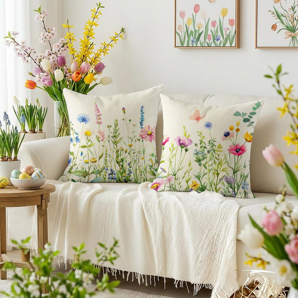Spring Pillow Covers 20x20 inch Set of 4, Floral Flower Holiday Outdoor Farmhouse Seasonal Decorations for Sofa Couch