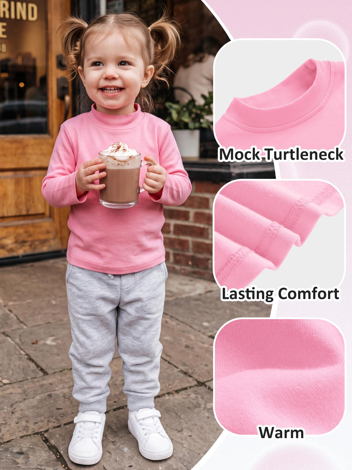 3 Pack Toddler Girl Long Sleeve Mock Turtleneck Cotton Blend T-Shirt