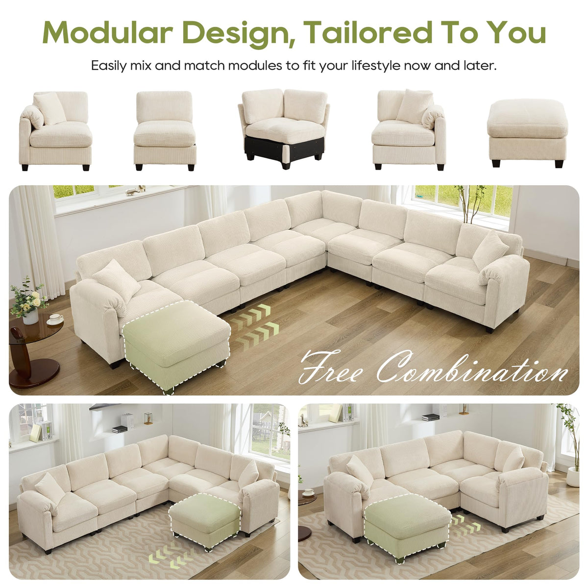 Corduroy Modular Sectional Sofa Couch (Beige, 113 Inch 7-Seater)