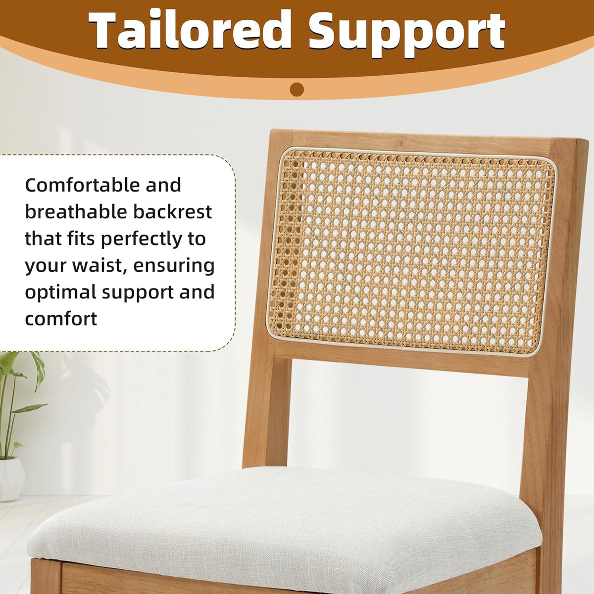 Rattan Dining Chairs Set of 4, Farmhouse Natural Dining Room Chairs with Upholstered Cushion and Solid Wood Frame, Armless Kitchen Chairs