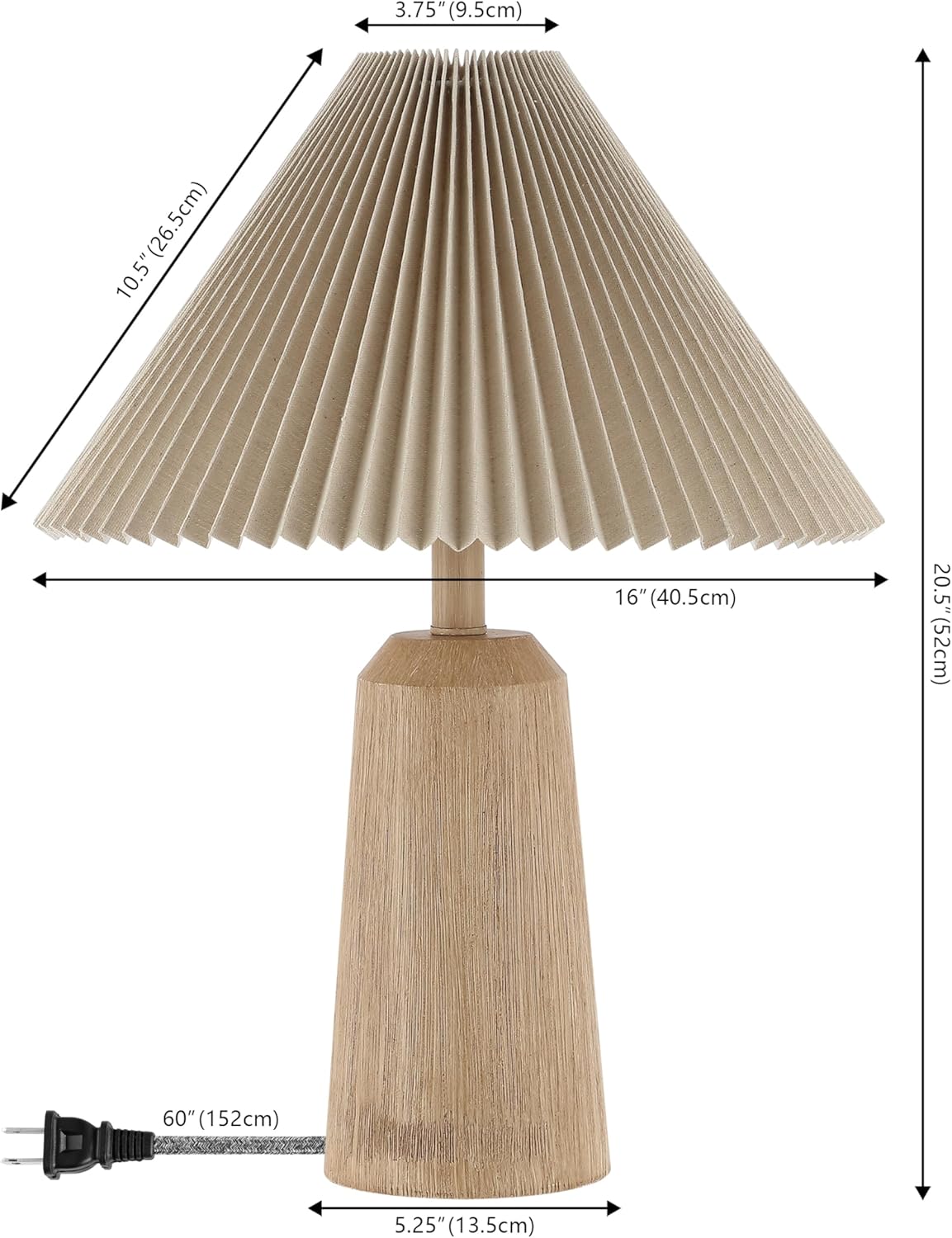 20.5" Beige Wood Finish Resin Cylinder Table Lamp Modern Rustic Scandinavian Bedside Lamp Bedroom with Black Pleated