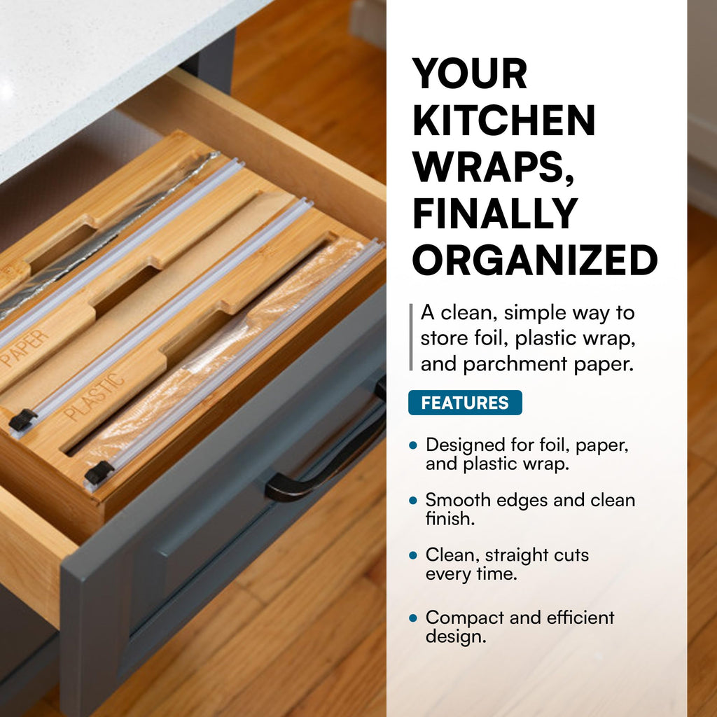 Bamboo Wrap Organizer with Safety Cutter - 3-in-1 Drawer Holder for Aluminum Foil, Wax & Parchment Paper, and Plastic
