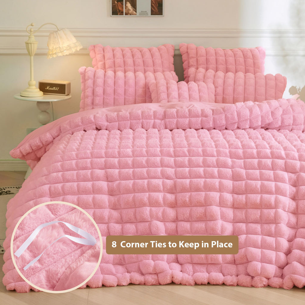 Fluffy Bubble Faux Rabbit Fur Duvet Cover Set 3 PCS, Pink