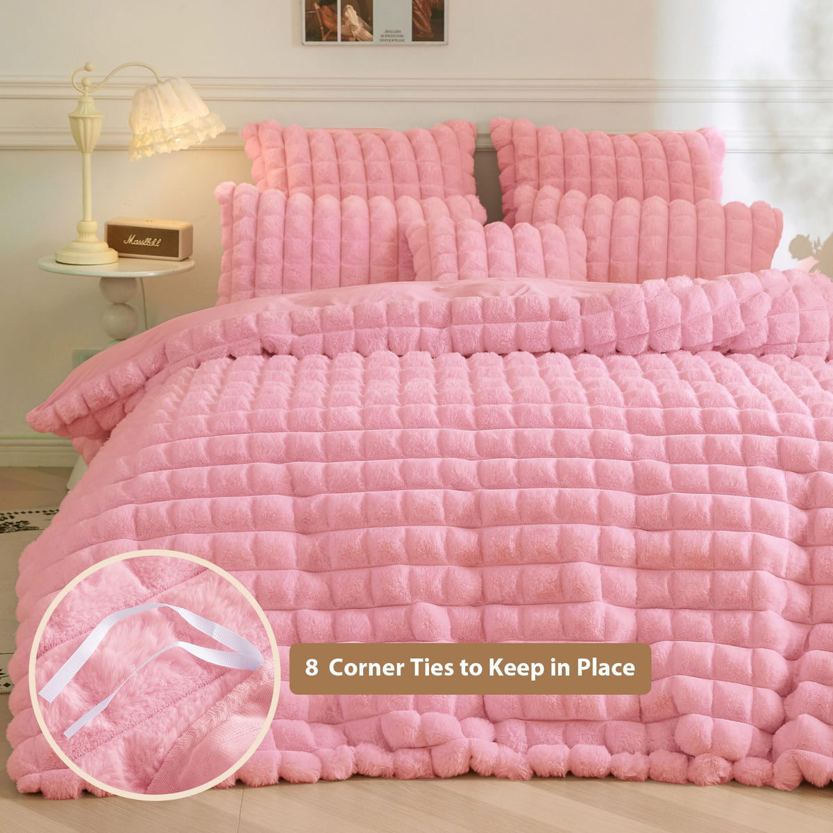 Fluffy Bubble Faux Rabbit Fur Duvet Cover Set 3 PCS, Pink