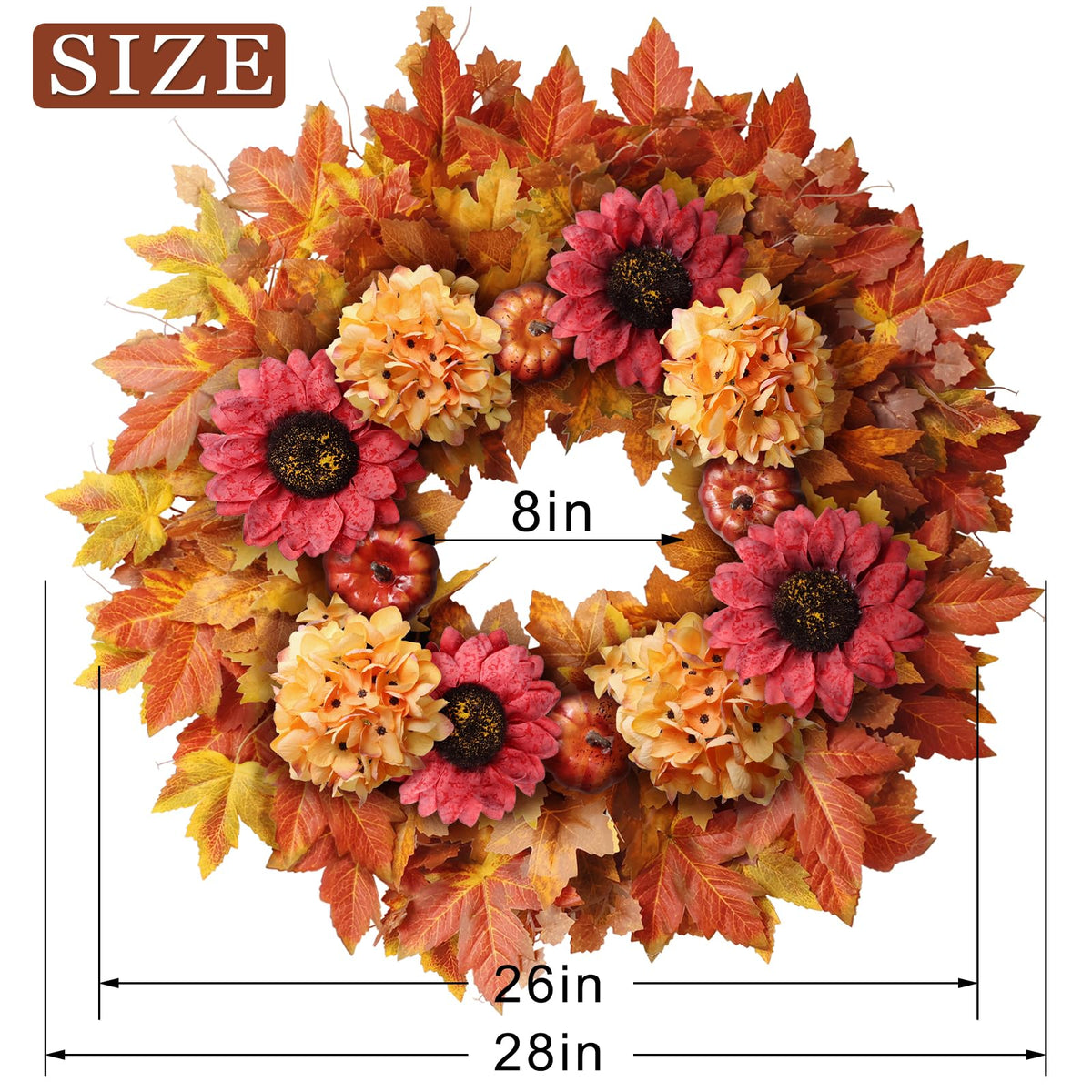 28" Large Artificial Fall Wreath with Flowers for Front Door Decor (Orange)